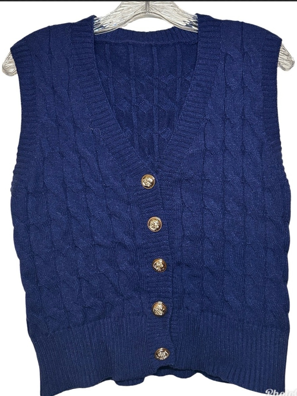Cable Knit Button Down V-Neck Sweater Vest Navy Preppy M
